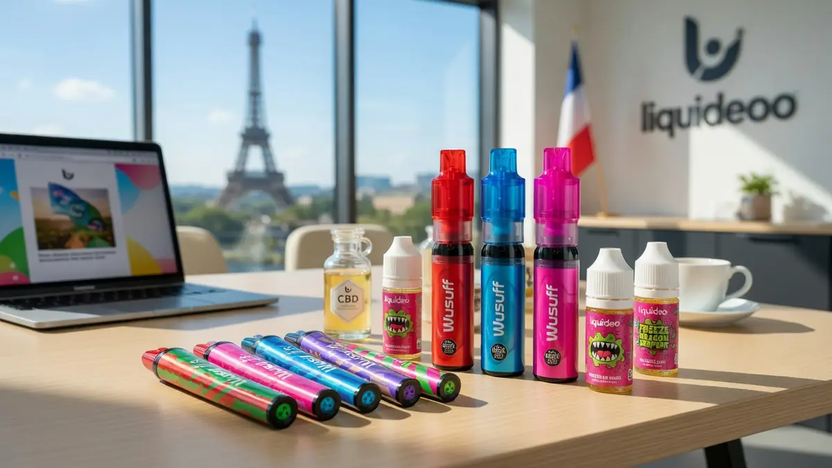Assortiment de vapes et flacons colorés de liquideo France sur une table face à la tour Eiffel