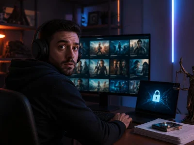 Un jeune homme portant un casque devant ses écrans prépare mon Stream dans une pièce sombre avec une statue de la justice