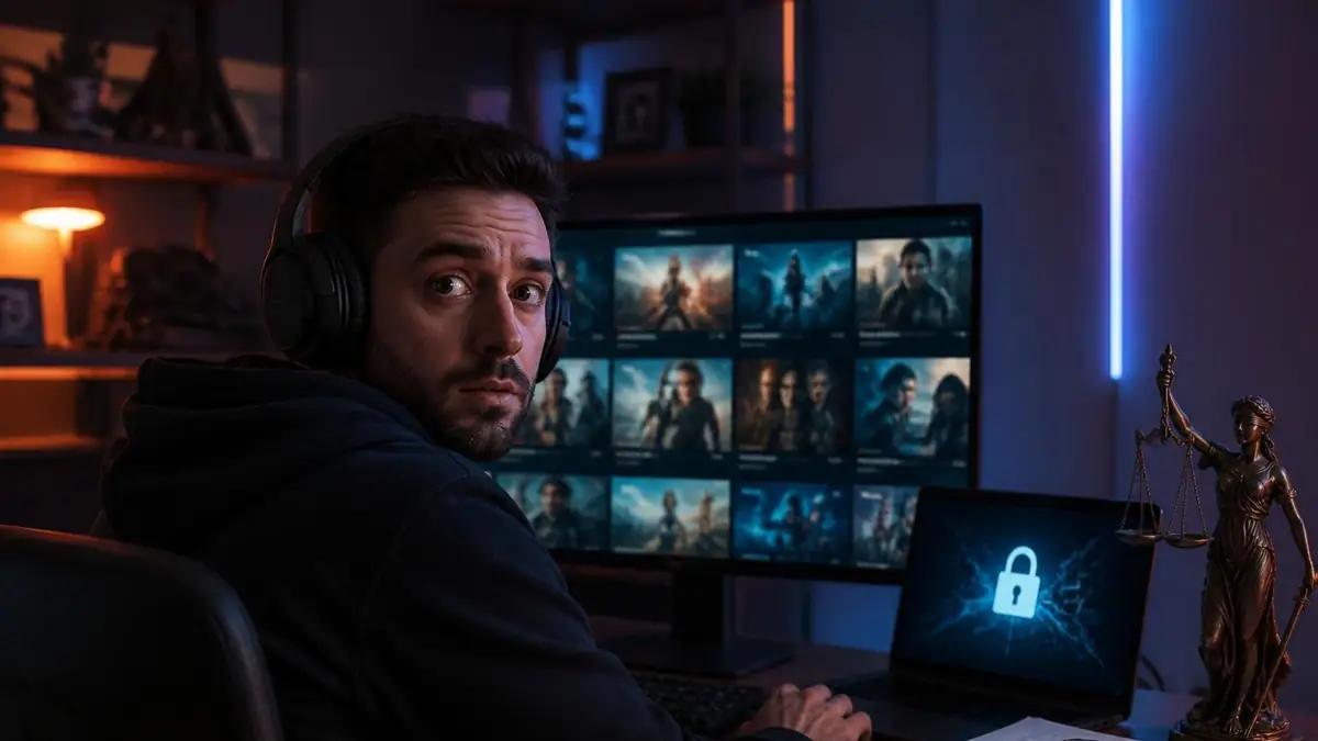 Un jeune homme portant un casque devant ses écrans prépare mon Stream dans une pièce sombre avec une statue de la justice
