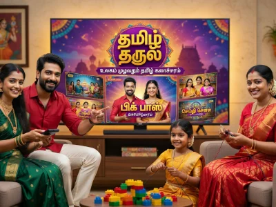 Une famille tamoule regarde Tamildhool sur la télévision dans leur salon