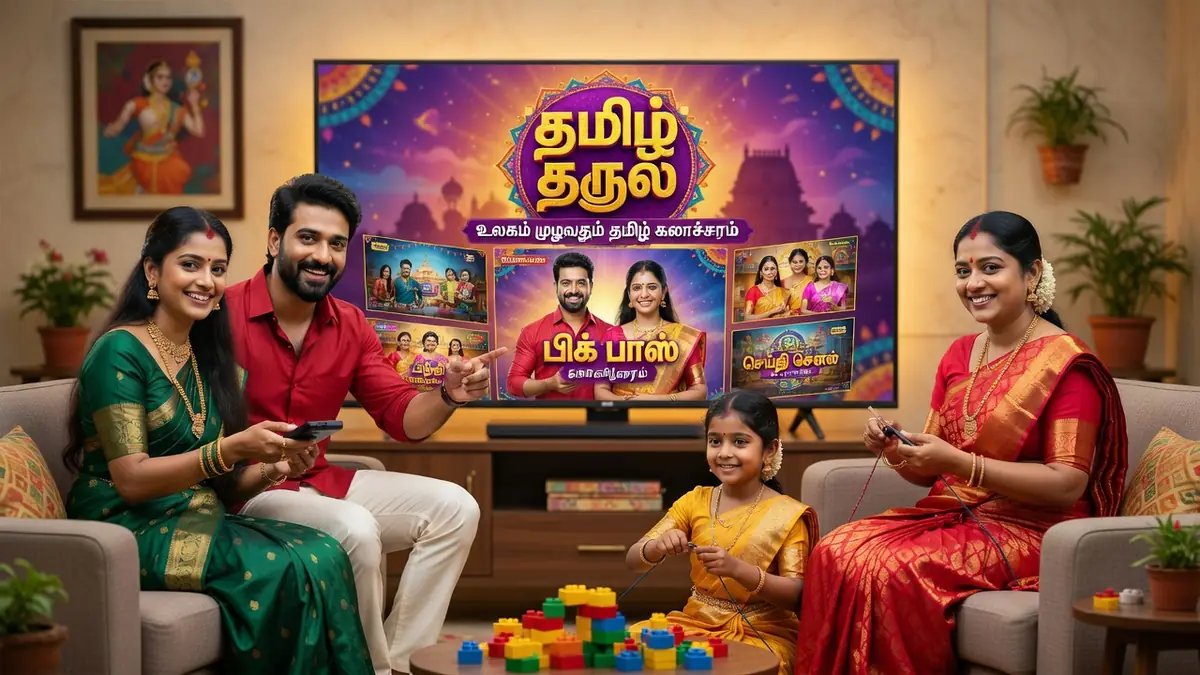 Une famille tamoule regarde Tamildhool sur la télévision dans leur salon
