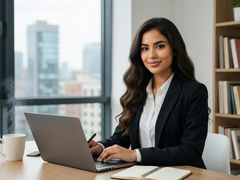 Une cadre suit des programmes MBA en ligne sur son ordinateur portable dans un bureau lumineux
