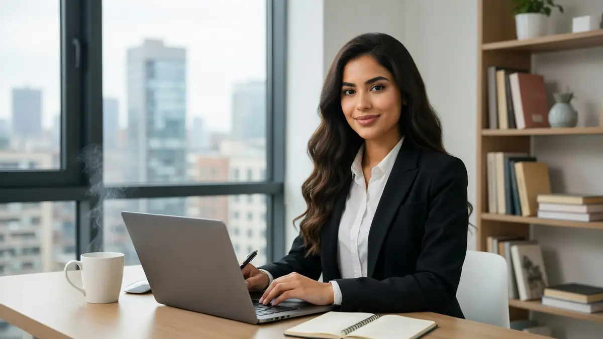Une cadre suit des programmes MBA en ligne sur son ordinateur portable dans un bureau lumineux