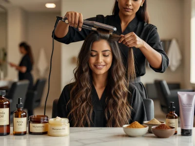 Une coiffeuse réalise un lissage Indien sur une cliente dans un salon moderne