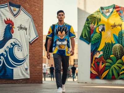 Un homme portant un maillot concept marche entre deux maillots concept exposés sur des murs