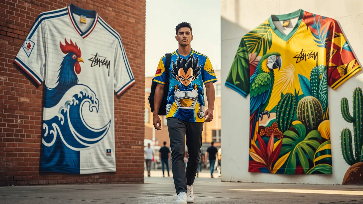 Un homme portant un maillot concept marche entre deux maillots concept exposés sur des murs