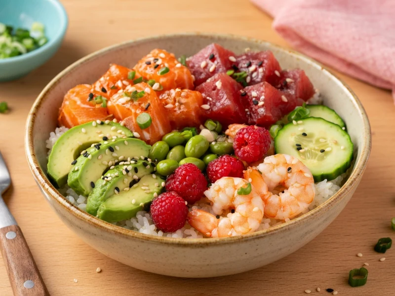 Un poke bowl coloré avec saumon thon crevettes avocat concombre et framboises sur riz