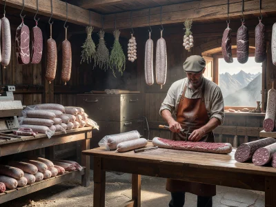 Un artisan prépare du saucisson halal dans un atelier rustique aux saucissons suspendus