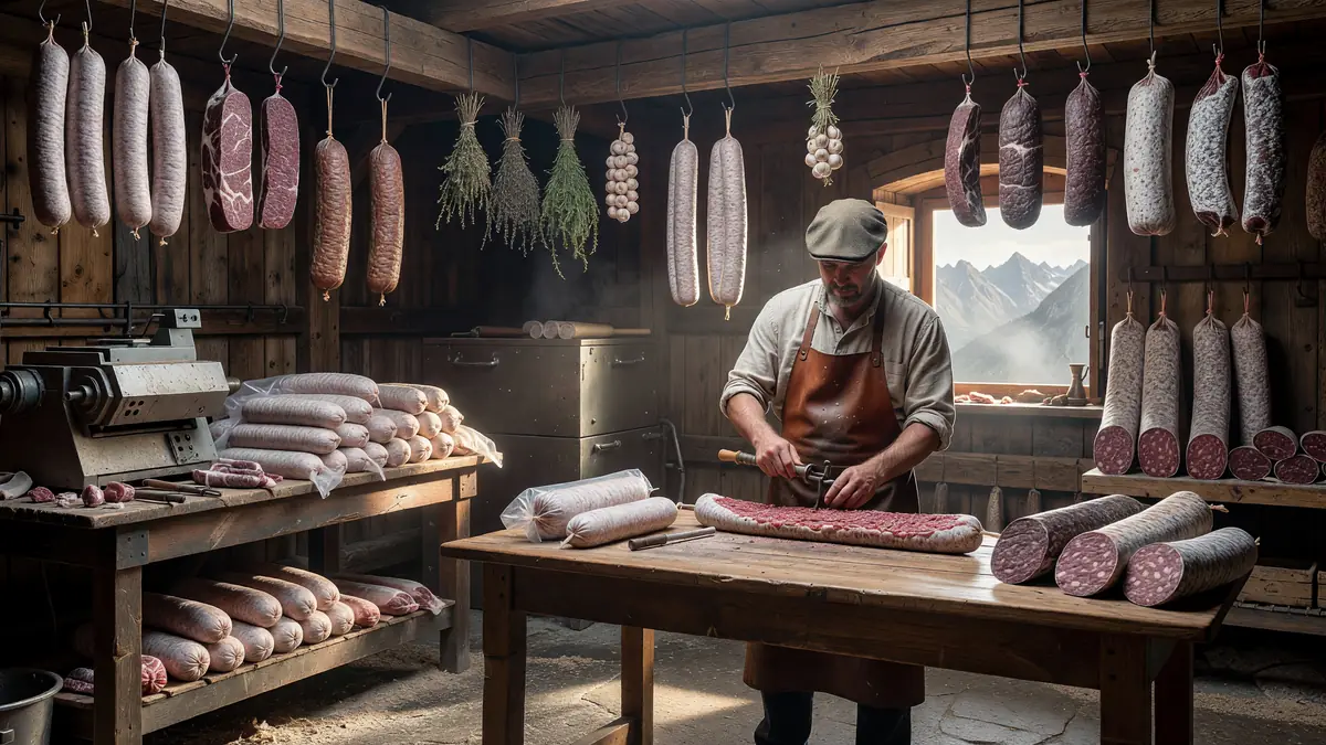 Un artisan prépare du saucisson halal dans un atelier rustique aux saucissons suspendus