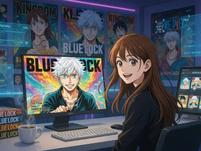 Une jeune femme consulte du scan manga sur plusieurs écrans dans une pièce aux murs couverts d'affiches