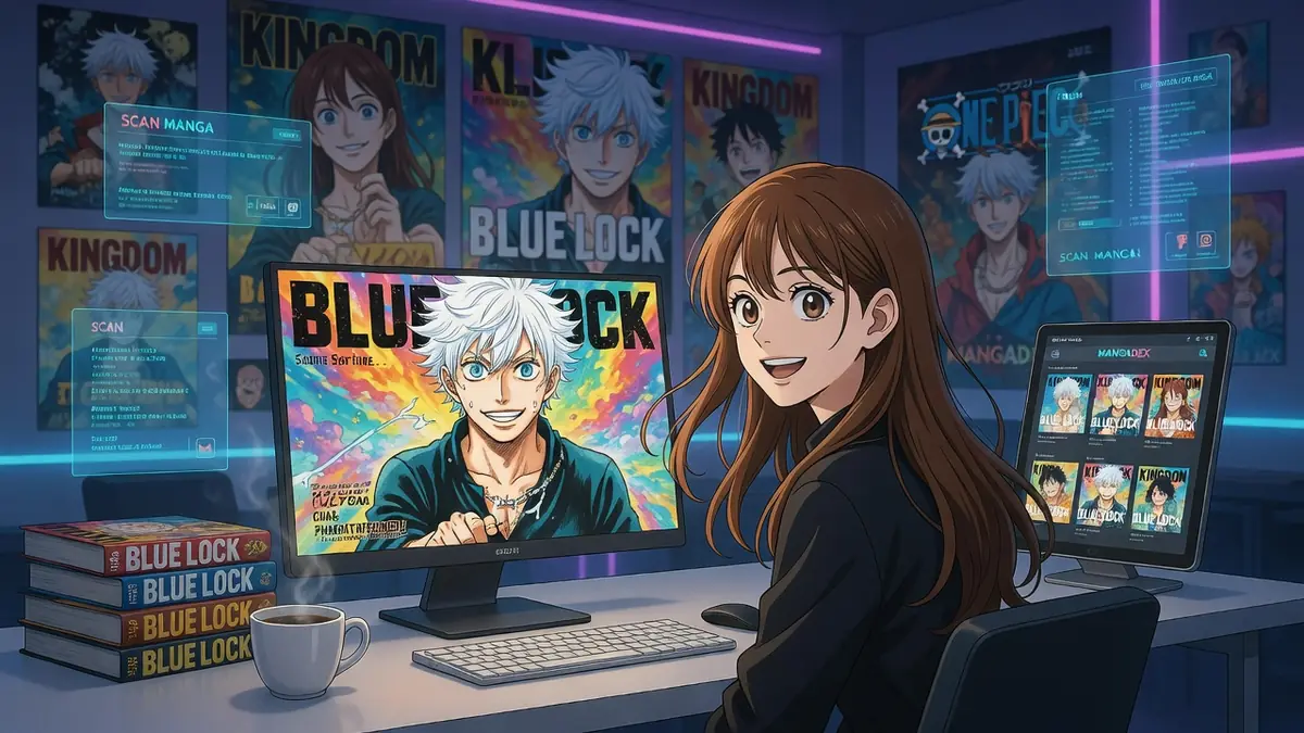 Une jeune femme consulte du scan manga sur plusieurs écrans dans une pièce aux murs couverts d'affiches
