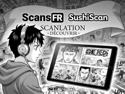 Un garçon aux écouteurs lit un scan VF sur sa tablette entouré de pages manga
