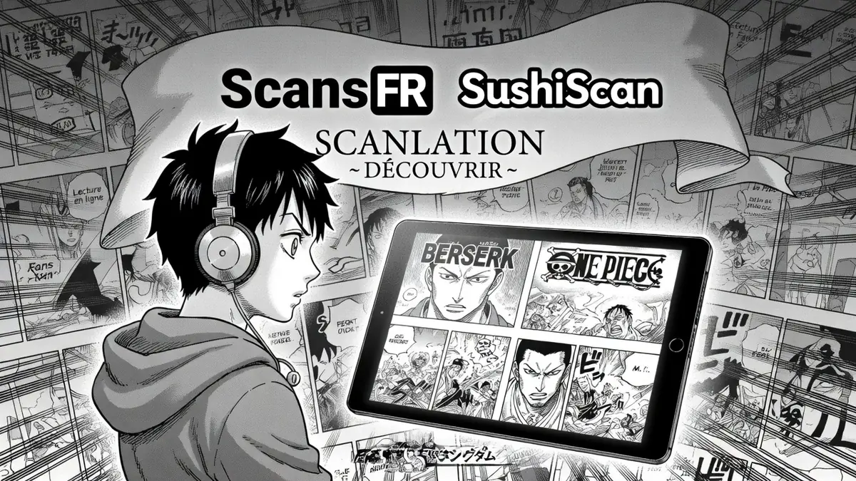 Un garçon aux écouteurs lit un scan VF sur sa tablette entouré de pages manga
