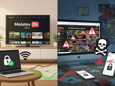 Composition divisée opposant streaming vf légal sécurisé à gauche aux risques pirates à droite