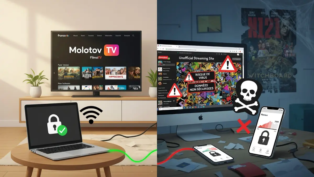 Composition divisée opposant streaming vf légal sécurisé à gauche aux risques pirates à droite