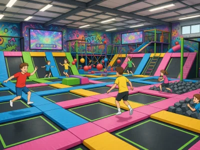 Des enfants s'amusent dans un trampoline park rempli de trampolines colorés et de structures de jeu