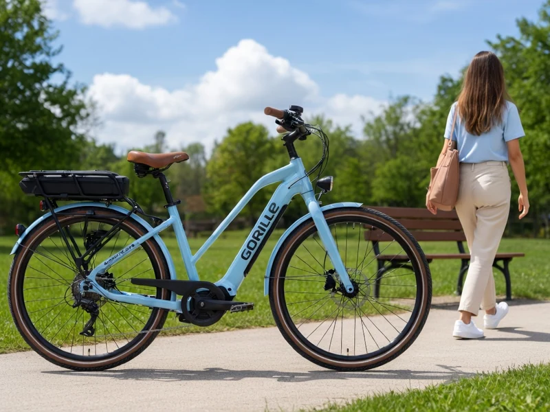 Une femme s'éloigne d'un vélo électrique pour femmes dans un parc