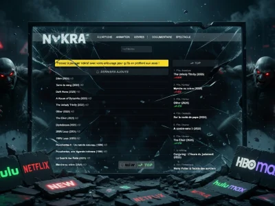 Scène sombre avec Nokraf affiché sur écran central entre deux créatures menaçantes aux yeux rouges