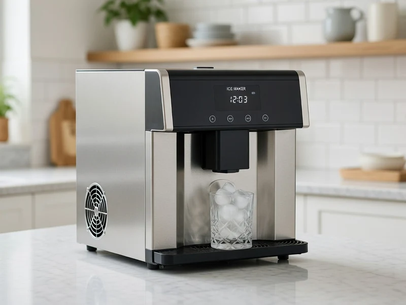Une machine à glaçon en inox remplit un verre de glaçons dans une cuisine moderne