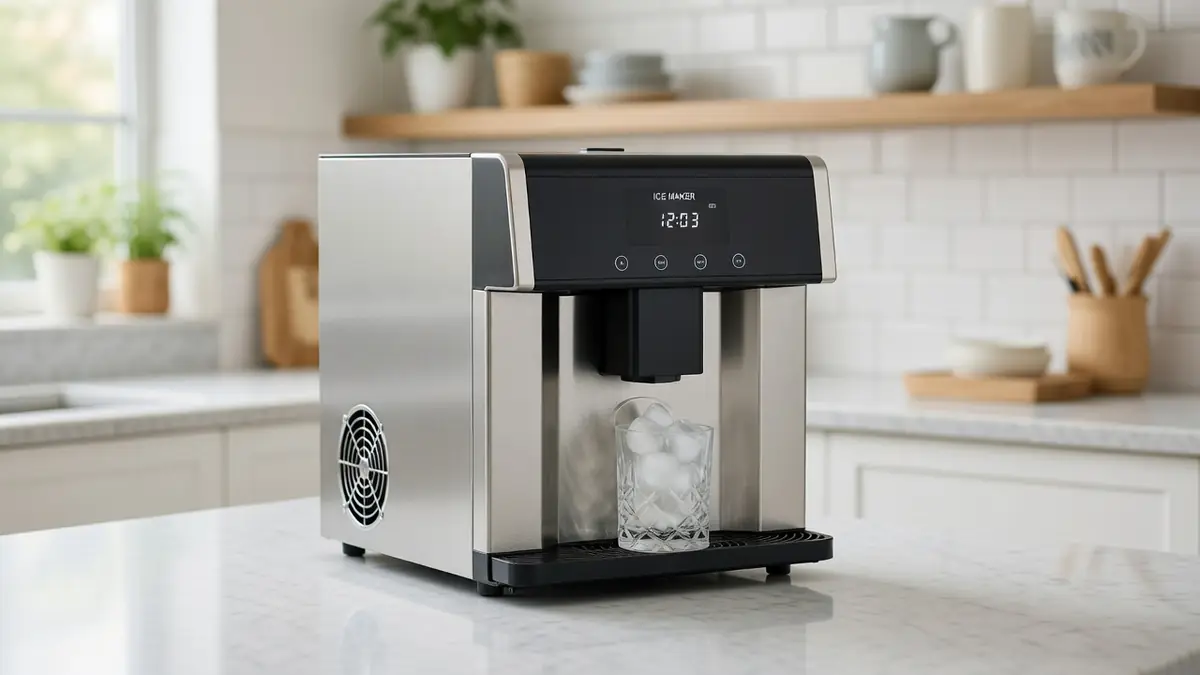 Une machine à glaçon en inox remplit un verre de glaçons dans une cuisine moderne