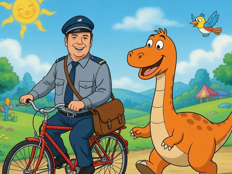 Henri Bon, facteur à vélo, est accompagné d'un dinosaure dans un paysage ensoleillé