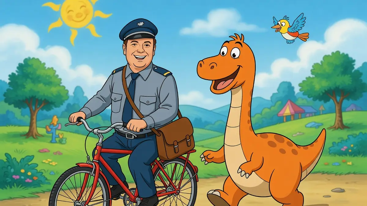 Henri Bon, facteur à vélo, est accompagné d'un dinosaure dans un paysage ensoleillé