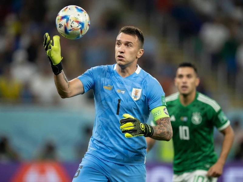 Fernando Muslera soulève le ballon en tant que gardien de l'Uruguay