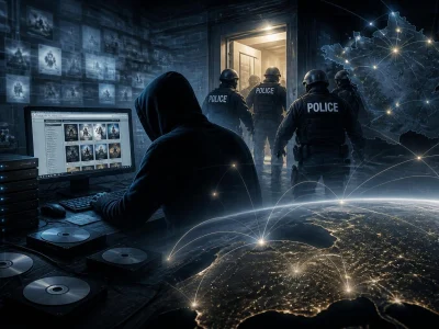 Un hacker devant son écran est surpris par une intervention policière liée à Zone Téléchargement