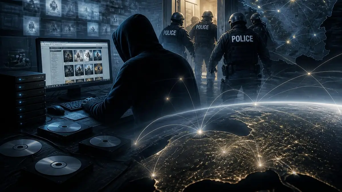 Un hacker devant son écran est surpris par une intervention policière liée à Zone Téléchargement