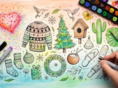 Une main dessine divers motifs colorés représentant des idées pour dessiner avec marqueurs et palette d'aquarelle