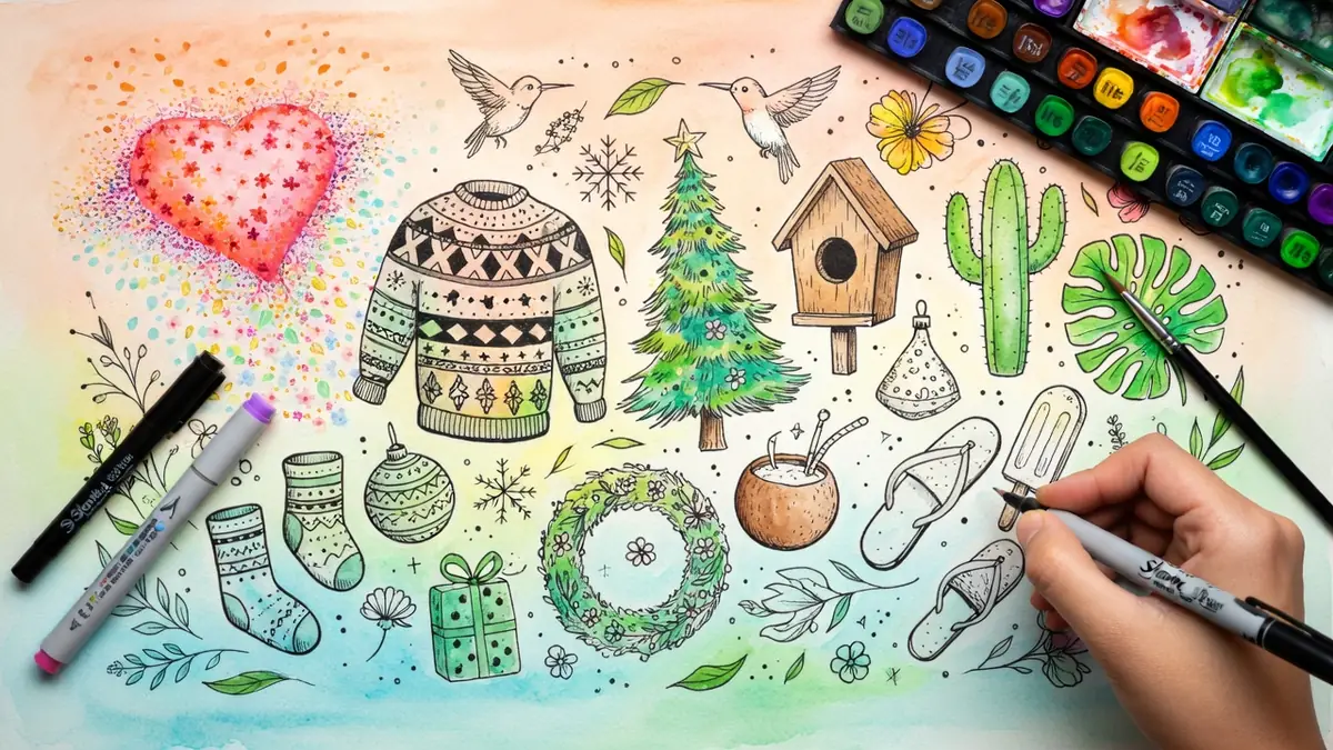 Une main dessine divers motifs colorés représentant des idées pour dessiner avec marqueurs et palette d'aquarelle