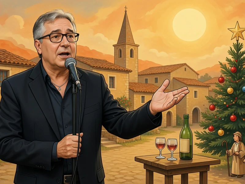 Robert Miras chante au micro devant un sapin de Noël dans un village provençal