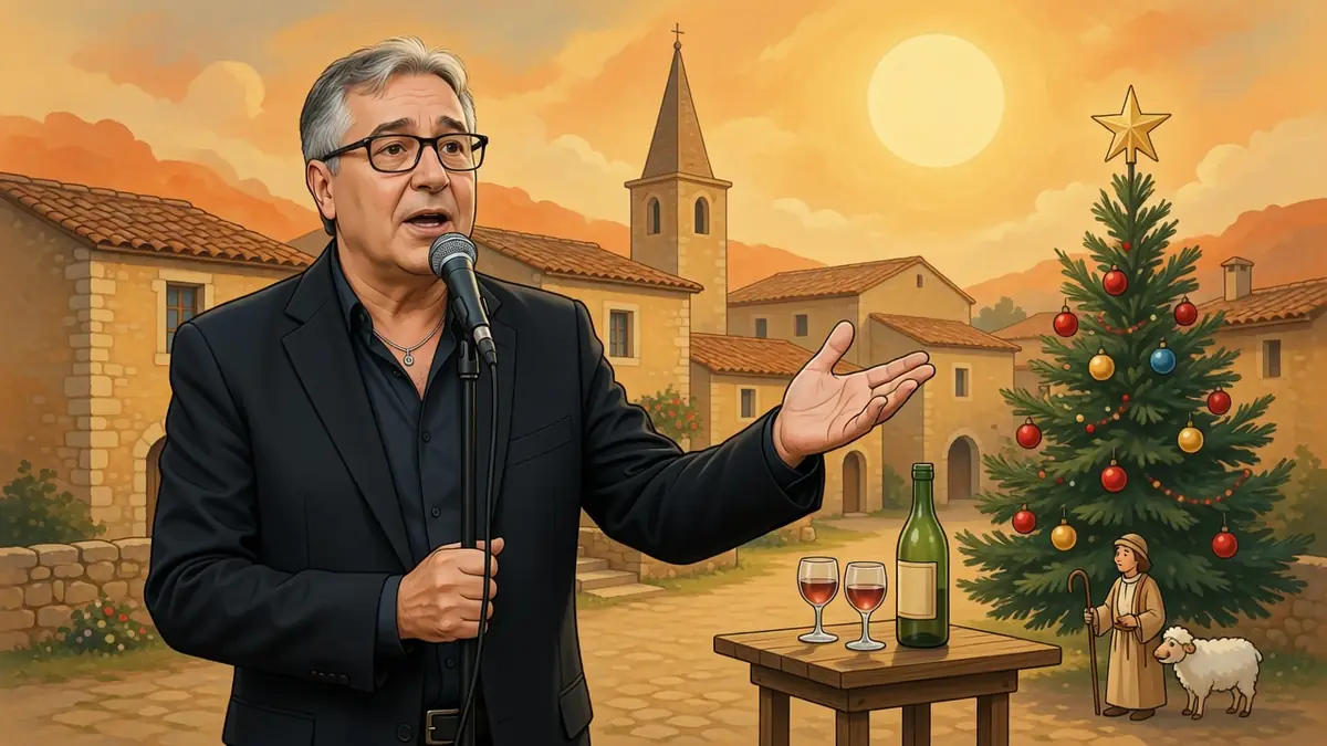 Robert Miras chante au micro devant un sapin de Noël dans un village provençal