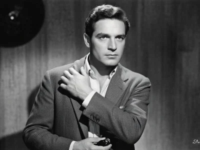 Georges Marchal pose en costume la main sur l'épaule dans ce portrait en noir et blanc