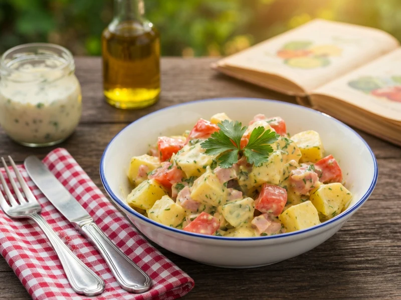 Une piémontaise salade colorée garnie de persil est servie dans un bol sur une table en bois