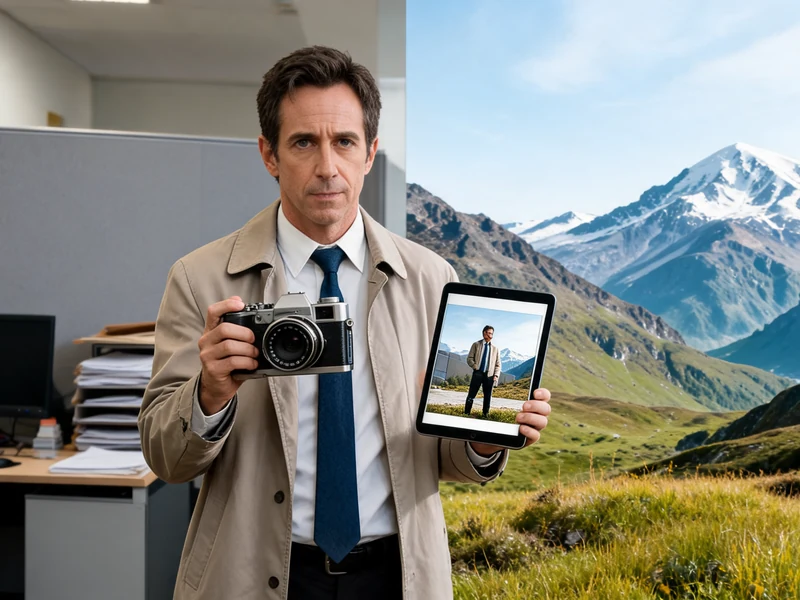 Un homme tenant un appareil photo et une tablette illustre la Vie rêvée de Walter Mitty entre bureau et montagnes