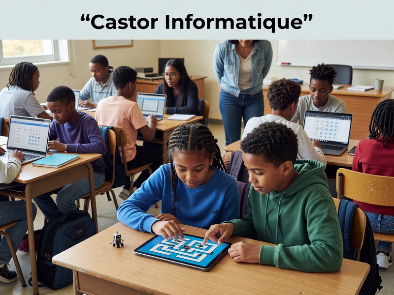 Des élèves pratiquent le castor Informatique sur ordinateurs et tablettes dans leur classe