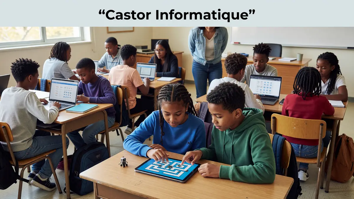 Des élèves pratiquent le castor Informatique sur ordinateurs et tablettes dans leur classe