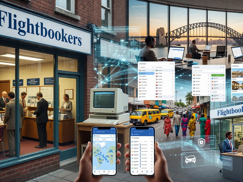 Flightbookers évolue d'une agence traditionnelle avec clients à une plateforme numérique sur smartphones et laptops