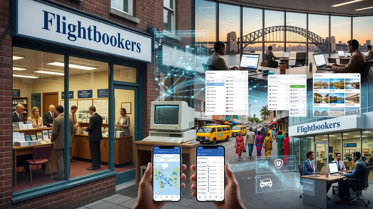 Flightbookers évolue d'une agence traditionnelle avec clients à une plateforme numérique sur smartphones et laptops