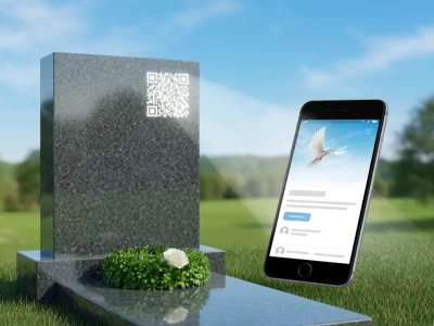 Un monument funéraire et un smartphone dans un paysage verdoyant représentent l'avis d'obsèque numérique