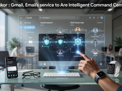 Dans un bureau moderne une main interagit avec Gmail boîte sur un écran holographique transparent