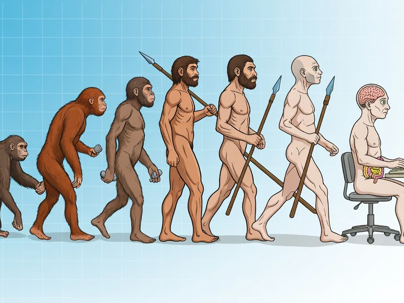 Schéma illustrant l'évolution du corps humain de l'ancêtre primate à l'humain contemporain face à un ordinateur 113 chars