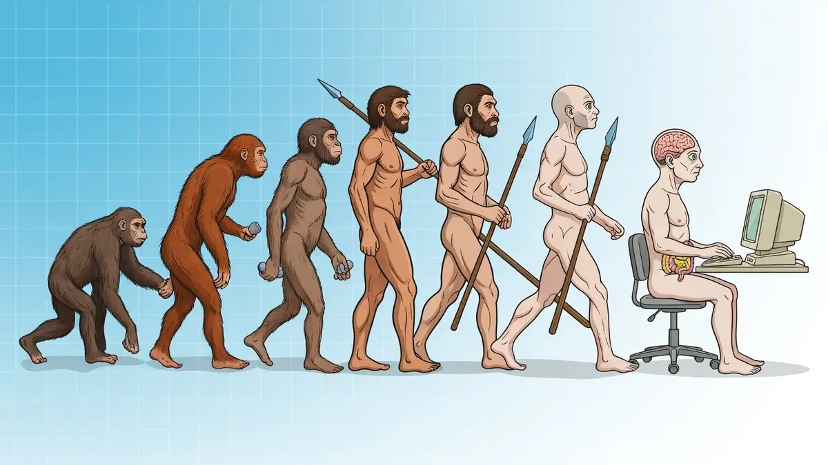 Schéma illustrant l'évolution du corps humain de l'ancêtre primate à l'humain contemporain face à un ordinateur 113 chars