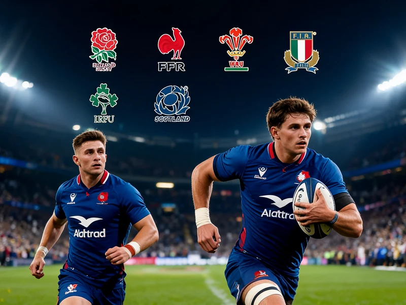 Deux joueurs de rugby Le Tournoi des 6 Nations portant un ballon dans un stade illuminé