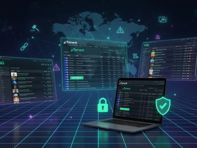 Scène cybernétique avec laptop et écrans holographiques d'un torrent site français sécurisé dans un espace digital futuriste