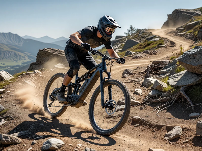 Un cycliste dévale un sentier montagneux avec des vélos tout-terrain