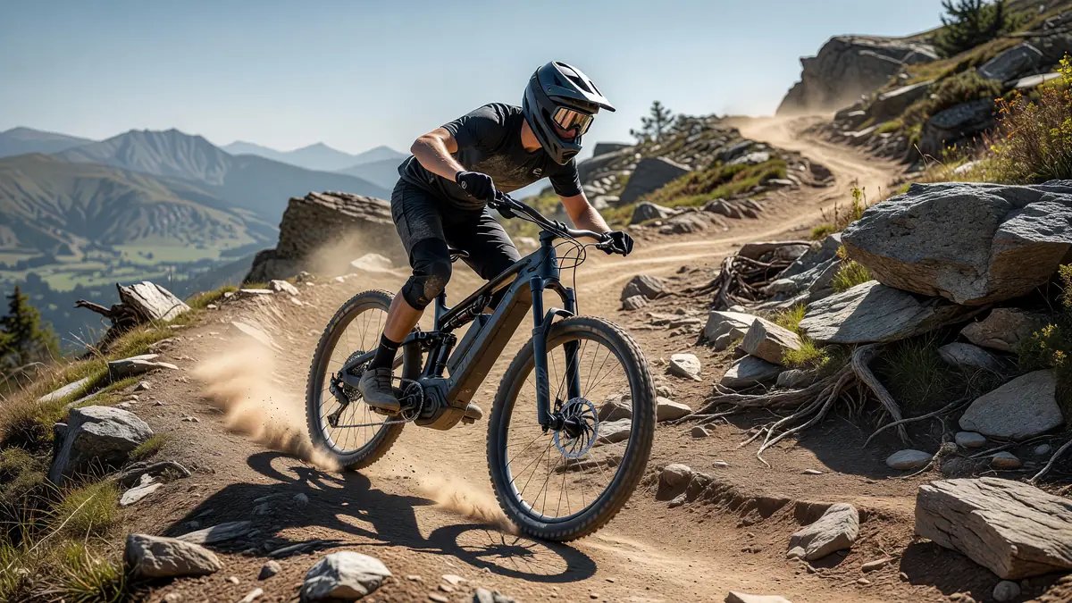 Un cycliste dévale un sentier montagneux avec des vélos tout-terrain