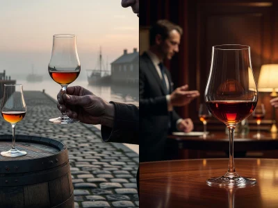 Un verre tulipe est brandi près d'un tonneau sur un quai, tandis que d'autres ornent une table dans un salon luxueux.