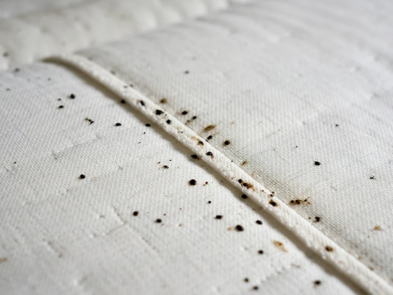 Des taches indiquant excrément punaise de lit le long d'une couture sur tissu blanc